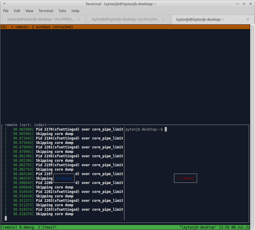 Figure 6: Terminal showing all tmux windows.