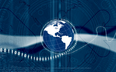 Blue and white globe encircled with a loop of white binary code - Image by Garik Barseghyan from Pixabay