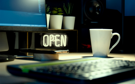 Monitor, keyboard, coffee, open sign – Unsplash.com