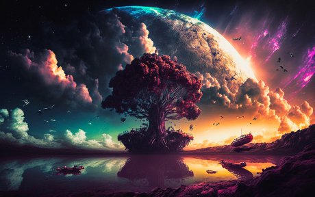 Ai generated tree, water, and planets – Image by Alan Frijns from Pixabay